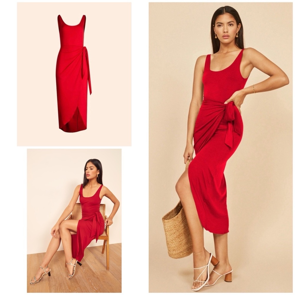 EUC Reformation Kaila Vibrant Red Knit Jersey Faux Wrap Midi Dress M​